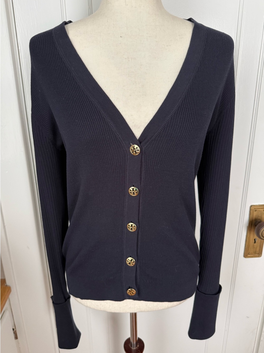 Tory Burch Ribbed V-Neck Simone Cardigan in Navy